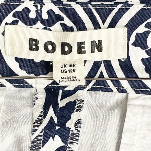 Boden Printed Crop Pants Size US 12 Geo Cascade Navy High Rise Wide Leg Trousers - Picture 10 of 13